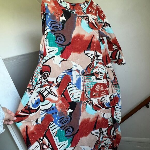 Funky artsy abstract patterned maxi dress laggenlook loose fitting oversized M - Picture 4 of 8